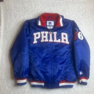 Starter Philadelphia 76ers men's blue satin bomber‎ jacket embroidered full zip